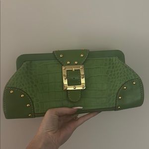 Michael Kors Green Clutch with Gold Buckle and Studs